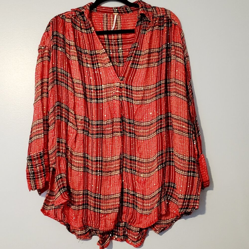 Free People Fearless Love Long Sleeve Sparkle Gauzy Plaid Pullover Shirt  Medium - Picture 2 of 9